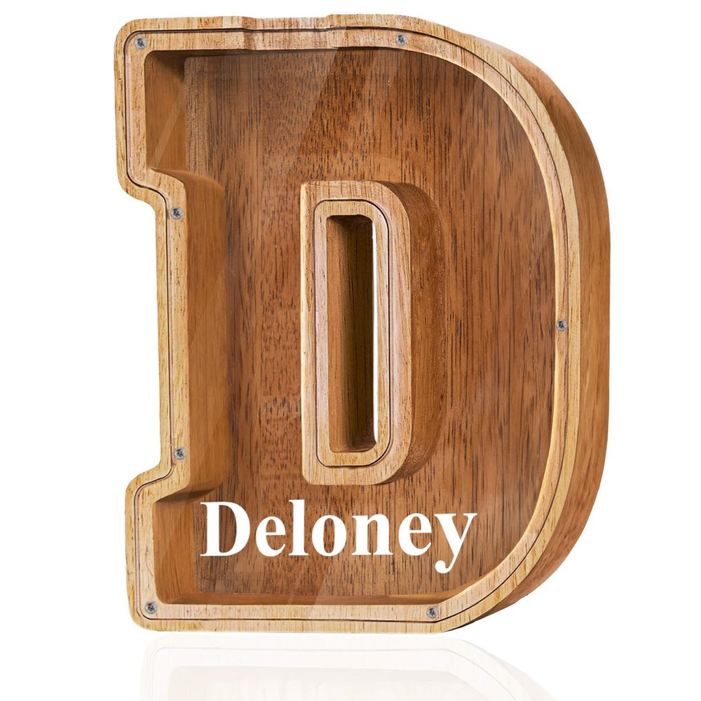 Customized Name Large Wooden Piggy Bank for Boys Girls Alphabets Letter A-Z Coins Bills Money Change Bank Box Initial on Clear Cover (Laser Engraved Name) Personalized-9", Alphabet-D