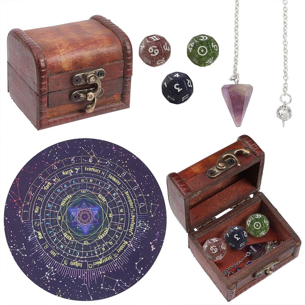 CREATCABIN Tarot Astrology Dice Pendulum Board Set Tarot Astrological Dice Chakra Amethyst Pendants Dowsing Pendulum Kit Witchcraft Wiccan Altar Supplies Spiritual Power for Divination Meditation