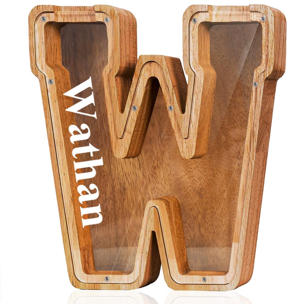 Customized Name Large Wooden Piggy Bank for Boys Girls Alphabets Letter A-Z Coins Bills Money Change Bank Box Initial on Clear Cover (Laser Engraved Name) Personalized-9", Alphabet-W