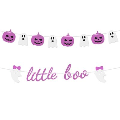Halloween Banner,2PCS Happy Halloween Pink Banner Bunting,Little Boo Ghost Pumpkin White Glitter Garland Banner For Girls Boys Kids Baby Happy Halloween Horror Birthday Party Decorations