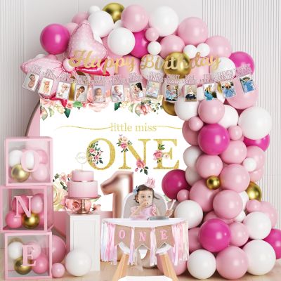 Baby Girl 1st Birthday Decorations , Baby First Birthday Supplies for Girl,Including Balloon Boxes, Pink Gold Balloons Garland Arch KitParty Backdrop, High Chair Banner, Crown, Photo Banner