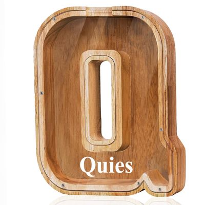 Customized Name Large Wooden Piggy Bank for Boys Girls Alphabets Letter A-Z Coins Bills Money Change Bank Box Initial on Clear Cover (Laser Engraved Name) Personalized-9", Alphabet-Q