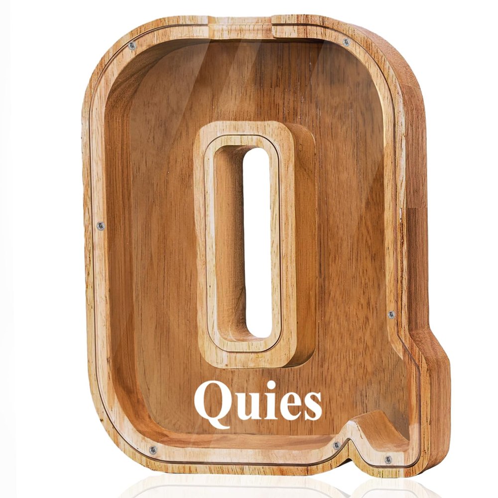Customized Name Large Wooden Piggy Bank for Boys Girls Alphabets Letter A-Z Coins Bills Money Change Bank Box Initial on Clear Cover (Laser Engraved Name) Personalized-9", Alphabet-Q