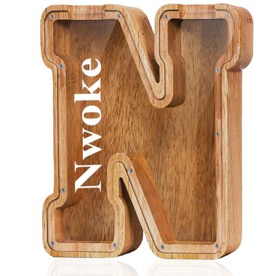 Customized Name Large Wooden Piggy Bank for Boys Girls Alphabets Letter A-Z Coins Bills Money Change Bank Box Initial on Clear Cover (Laser Engraved Name) Personalized-9", Alphabet-N
