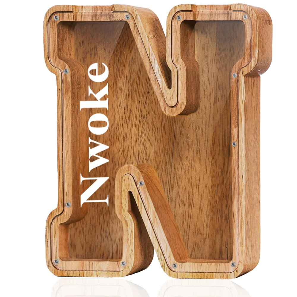 Customized Name Large Wooden Piggy Bank for Boys Girls Alphabets Letter A-Z Coins Bills Money Change Bank Box Initial on Clear Cover (Laser Engraved Name) Personalized-9", Alphabet-N