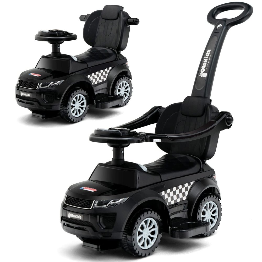 OLAKIDS 4 in 1 Ride on Push Car, Toddlers Stroller Sliding Walking with Horn, Music, Lights, Removable Guardrails and Handle, Underneath Storage, Foot-to-Floor Walker for Boys Girls (Dark)
