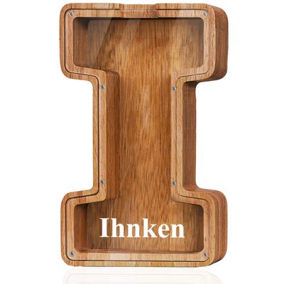 Customized Name Large Wooden Piggy Bank for Boys Girls Alphabets Letter A-Z Coins Bills Money Change Bank Box Initial on Clear Cover (Laser Engraved Name) Personalized-9", Alphabet-I