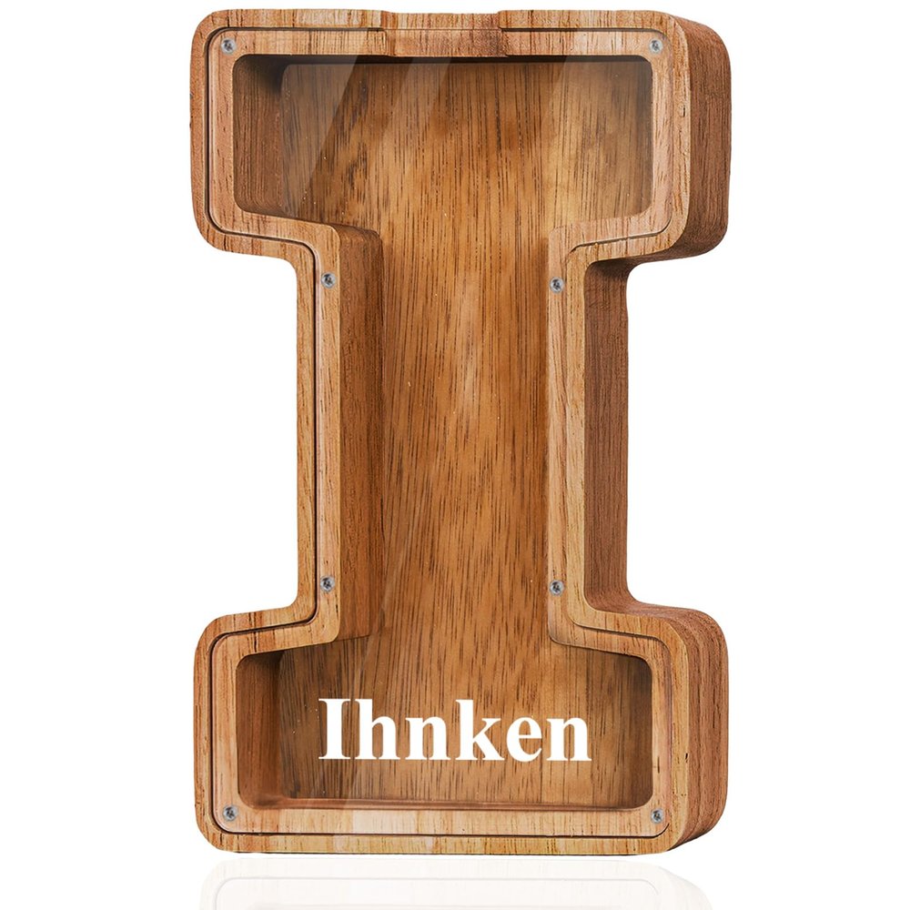Customized Name Large Wooden Piggy Bank for Boys Girls Alphabets Letter A-Z Coins Bills Money Change Bank Box Initial on Clear Cover (Laser Engraved Name) Personalized-9", Alphabet-I