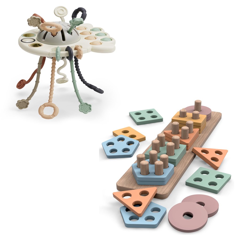 GOPO TOYS Montessori Toys for 18+ Months Old - Toddlers Wooden Sorting and Stacking Toys and Silicone Pull String Activity Toy for Toddlers