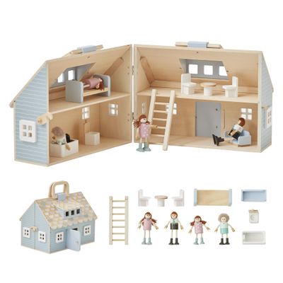 Olivia's Little World Wooden Cottage Dollhouse with 12 Accessories & 4 Figurines  Portable 2-Story Playhouse for 3.5" Dolls  Foldable Miniature Toy House for Girls Ages 3+