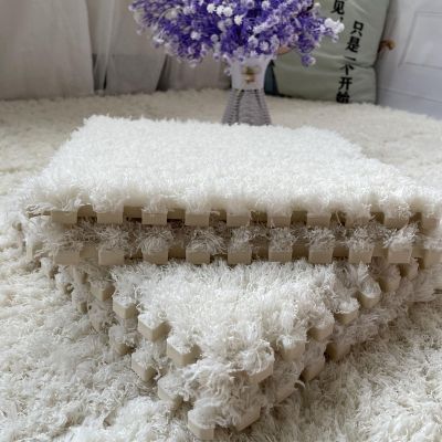 12 Pieces Plush Puzzle Foam Floor Mat Tiles with Border,Square Interlocking Fluffy Shaggy Carpet Tiles,Anti-Slip Protective Area Rug Playmat for Parlor Bedroom(Size:12x12x0.24in,Color:White)