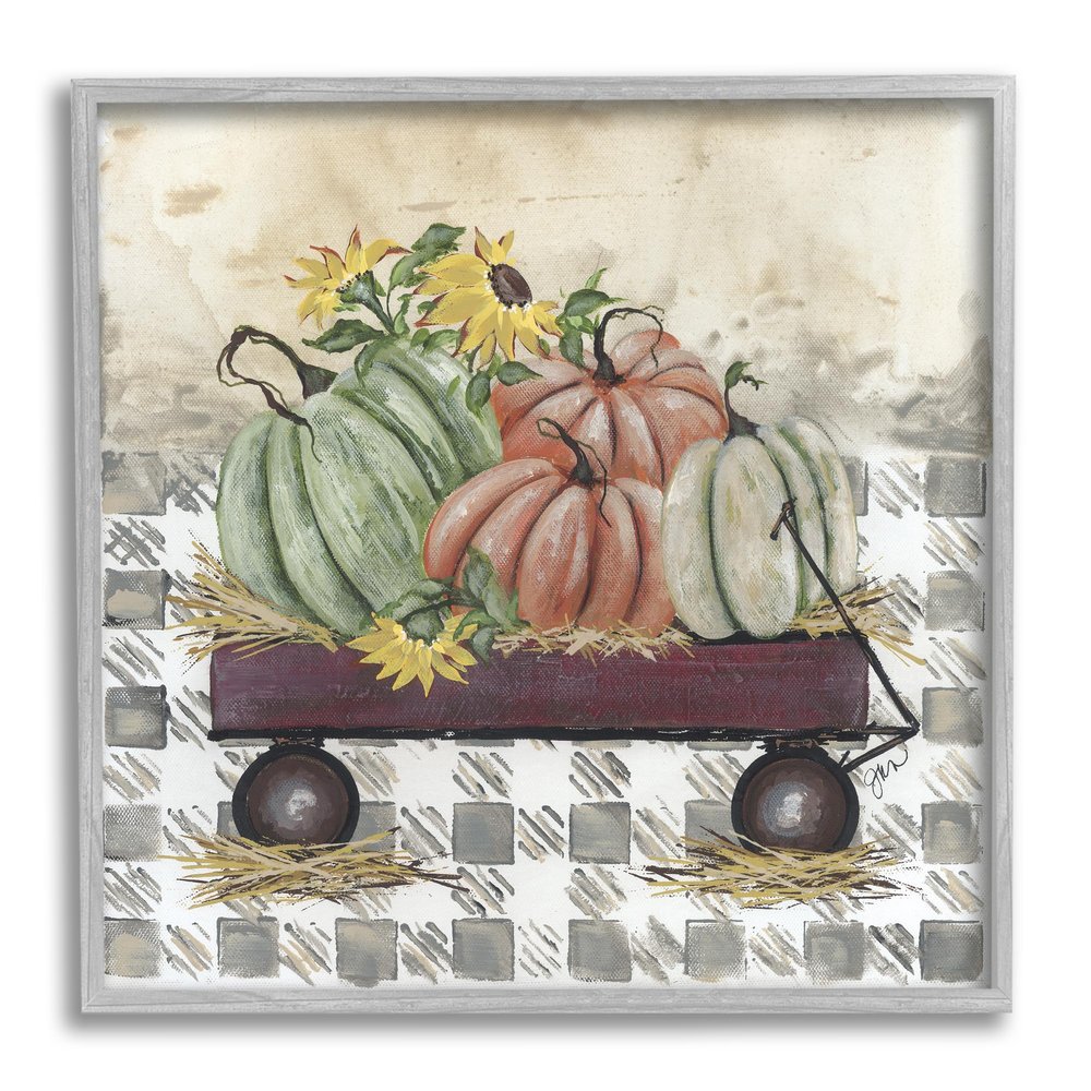Stupell Industries Pumpkin Harvest Wagon Gray Framed Giclee Art Design by Julie Norkus