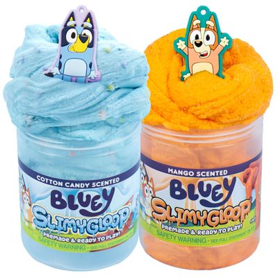 Bluey SLIMYLGOOP, 2 Pack, Pre-Made Slimes, Ready to Play Scented Bluey Cloud Slimes, Includes Rubber Bluey Charm & Bingo Charm