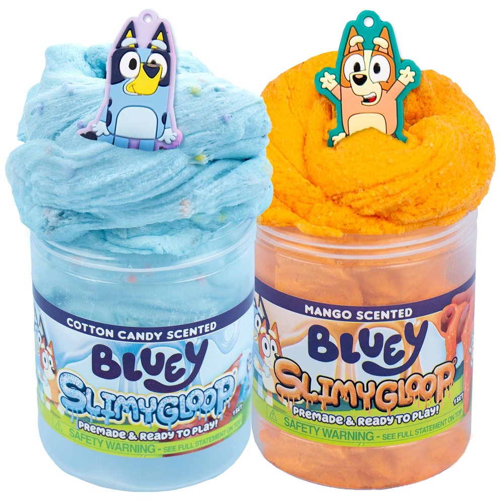 Bluey SLIMYLGOOP, 2 Pack, Pre-Made Slimes, Ready to Play Scented Bluey Cloud Slimes, Includes Rubber Bluey Charm & Bingo Charm
