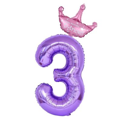 40 Inch Purple Number 3 Balloons With Princess Crown, Number 3 Foil Helium Balloons, 3rd Birthday Party Decorations. (Purple 3)