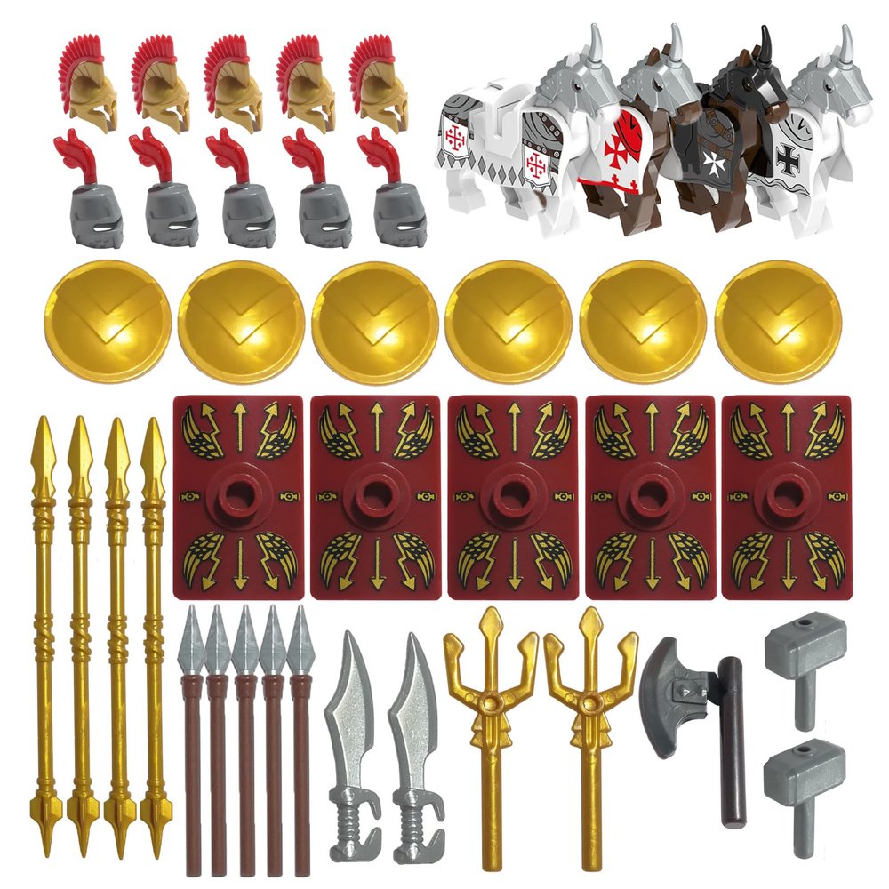 Medieval Weapons Pack for Knight Figures, 41Pcs Medieval Ancient Roman Military Figure Helmet Armor Knight Shield Weapon Kit, Minifigures Weapon Pack Accessories Set, Compatible with Major Brands