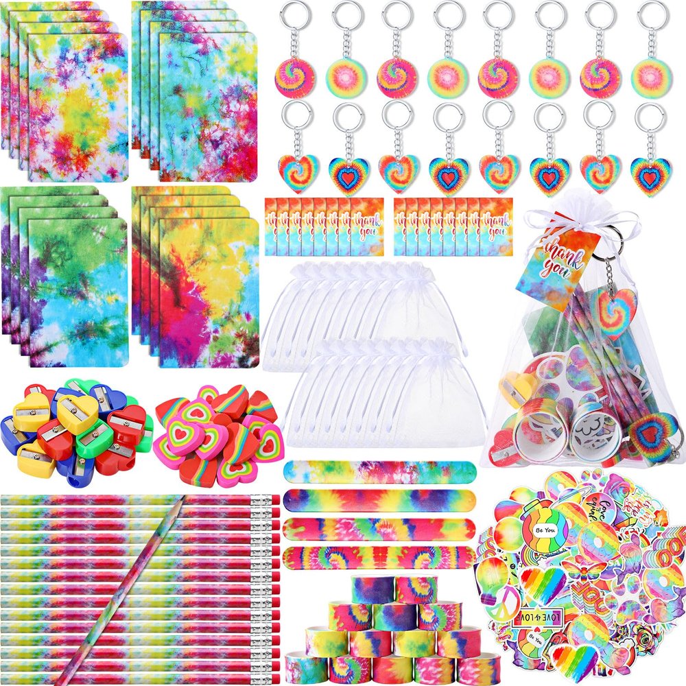 178 Pcs Tie Dye Party Favors Bulk Valentines Gifts for Kids Classroom Stationery Set with Slap Bracelets Mini Notebooks Pencils Heart Eraser Keychains Gifts for Students Birthday Class Reward Prize