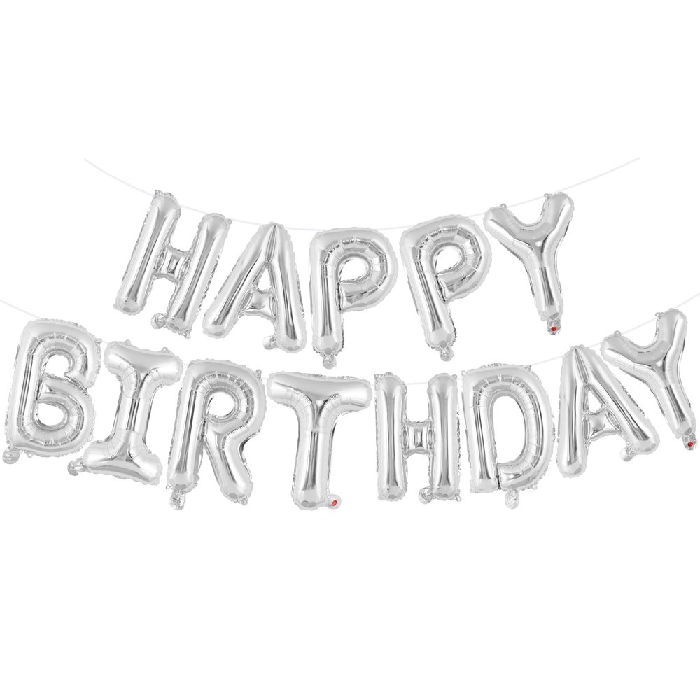 Silver Happy Birthday Balloons Banner, Foil Balloon Personalized Name Letters Balloons Sign Birthday Party Decorations for Women Men Boys Girls