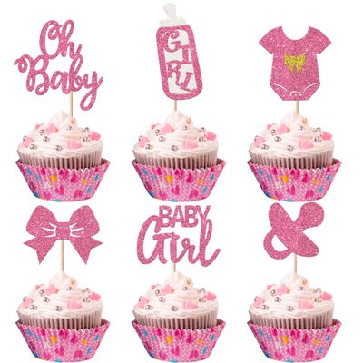 24 Pack Baby Girls Cupcake Toppers It's a Girl Cupcake Toppers Glitter Pacifier Onesie Jumpsuit Bow Gender Reveal Cupcake Picks Welcome Baby Shower Cake Decorations for BabyGirl Birthday Theme Party