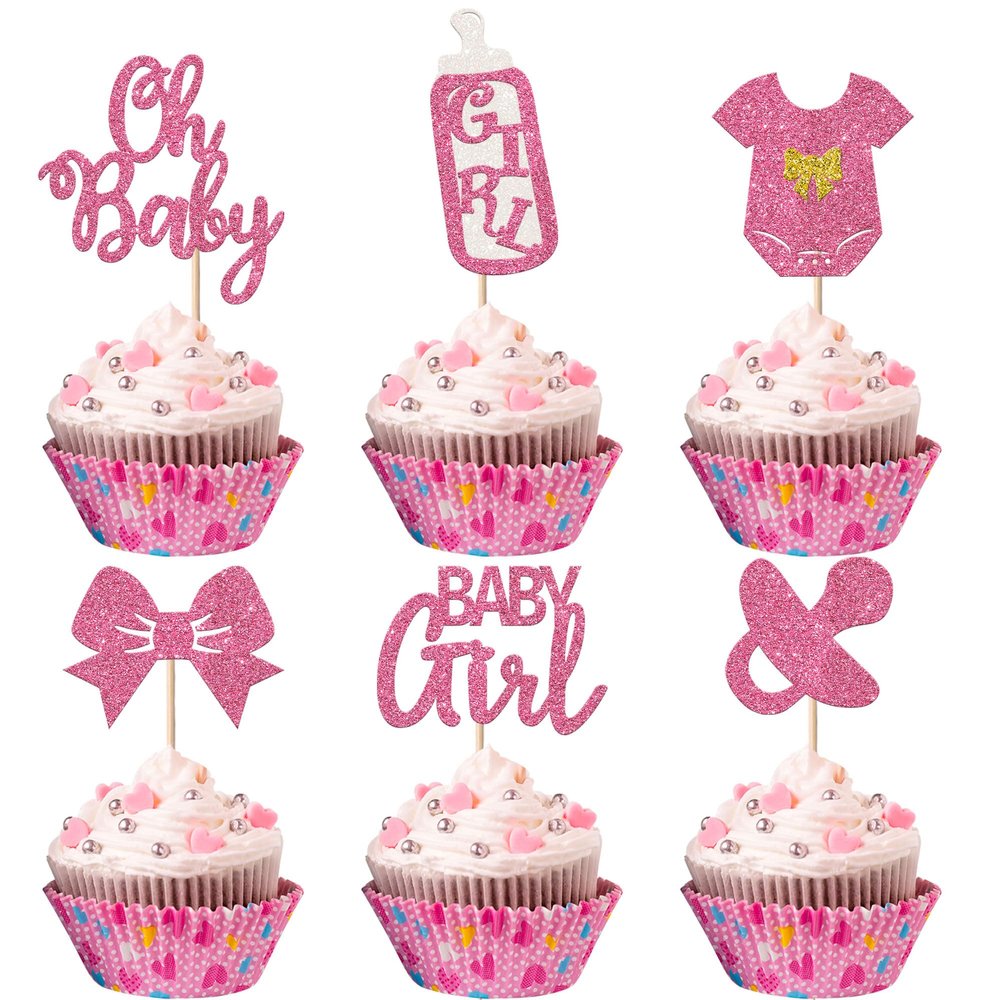 24 Pack Baby Girls Cupcake Toppers It's a Girl Cupcake Toppers Glitter Pacifier Onesie Jumpsuit Bow Gender Reveal Cupcake Picks Welcome Baby Shower Cake Decorations for BabyGirl Birthday Theme Party