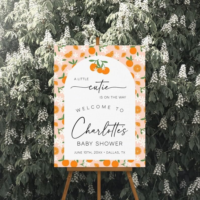 A Little Cutie is on the Way Baby Shower Welcome Sign - Personalized Orange Baby Shower Welcome Sign - Orange Baby Shower Welcome Poster - Gender Neutral - Baby Shower Decorations - Baby Shower Sign