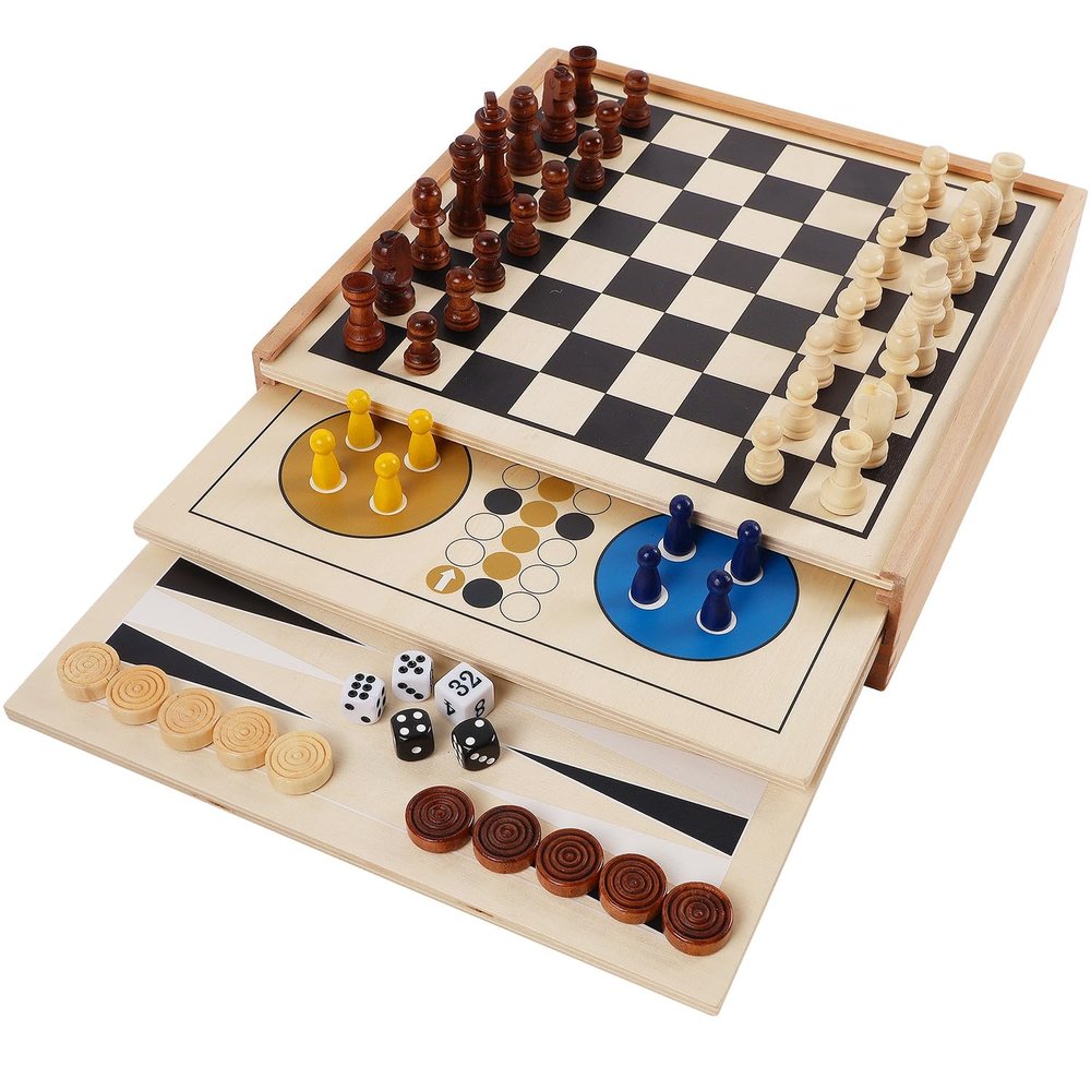 Juegoal 7-in-1 Wooden Board Game Set for Kids Adults, Tabletop Combo Classic Travel Portable Board Games (Chess, Checkers, Chinese Checkers, Backgammon, Parcheesi, Snakes and Ladders, Tic Tac Toe)