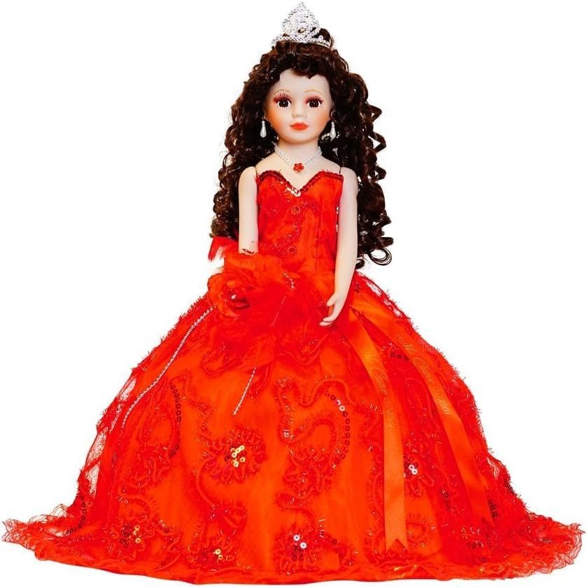 18 Quinceaera Last Doll with Umbrella Dress Stand  ltima Mueca Mis Quince Aos Keepsake, Traditional Hispanic Mis 15 Doll, Ceremony & Table Centerpiece, Fully Accessorized KK18725-14 (Red)