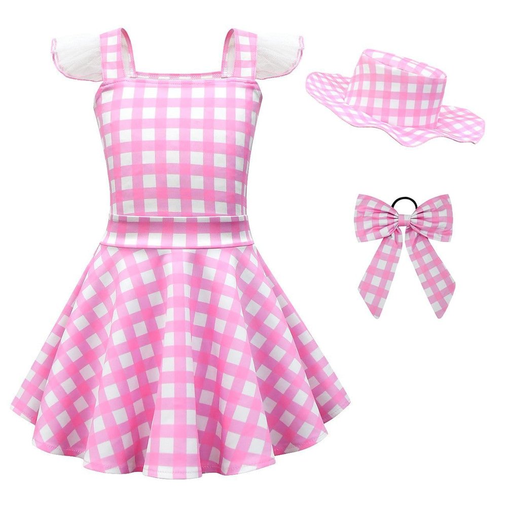 ABEWIP Kids Girls Vintage Pink Plaid Sleeveless Round Neck Tulle Dress Retro 1950s Costume Gingham Ruffle Summer Causal dress Pink Flutter Sleeve(3Pcs) 9-10 Years