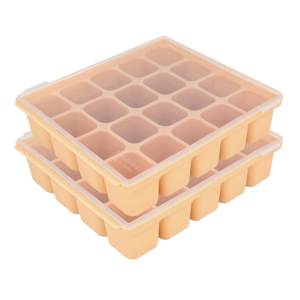 PETINUBE Baby Food Storage Silicone Cubes with Clip-On Lid Freezer Tray Baby Food Soups Purees Ice Safe Design Made in Korea(20cubes 0.8oz, Sand Beige Set of 2)