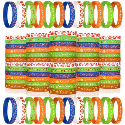 Wettarn 60 Pcs Fall Party Favors Bracelets Thanksgiving Silicone Wristbands Autumn Harvest Pumpkin Maple Leaf Bracelets for Party Supplies Festival Prizes Gifts