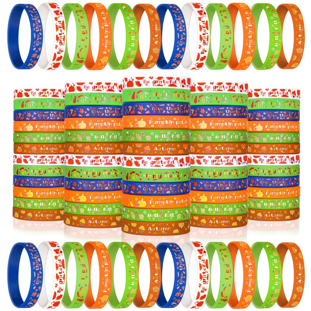 Wettarn 60 Pcs Fall Party Favors Bracelets Thanksgiving Silicone Wristbands Autumn Harvest Pumpkin Maple Leaf Bracelets for Party Supplies Festival Prizes Gifts