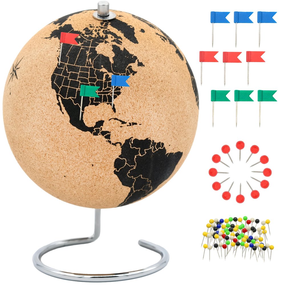 Vaudagio Beautiful Cork Globe with 102 Different Push Pins - Spinning Travel Globe 26cm / 10 inch High Made of Cork with Pin as Travel Map & Gift Idea for Globetrotters
