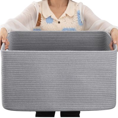 OIAHOMY 75L Large Blanket Basket, Woven Blanket Storage Basket with Handle, Cotton Rope Basket for Organizing 22x17x12, Blanket Basket living Room, Toy Basket for Nursery, Grey