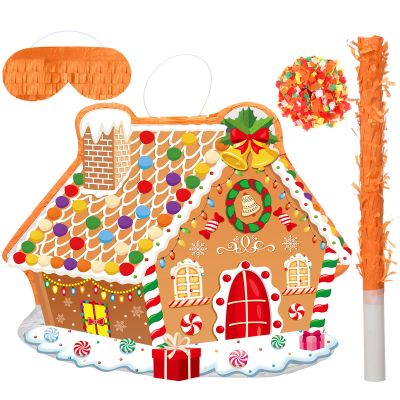 Christmas Gingerbread House Theme Piata 16 Inch Mexican Piata with Stick Blindfold Christmas Piatas Bundle for Xmas Birthday Holiday Game Favor Photo Prop