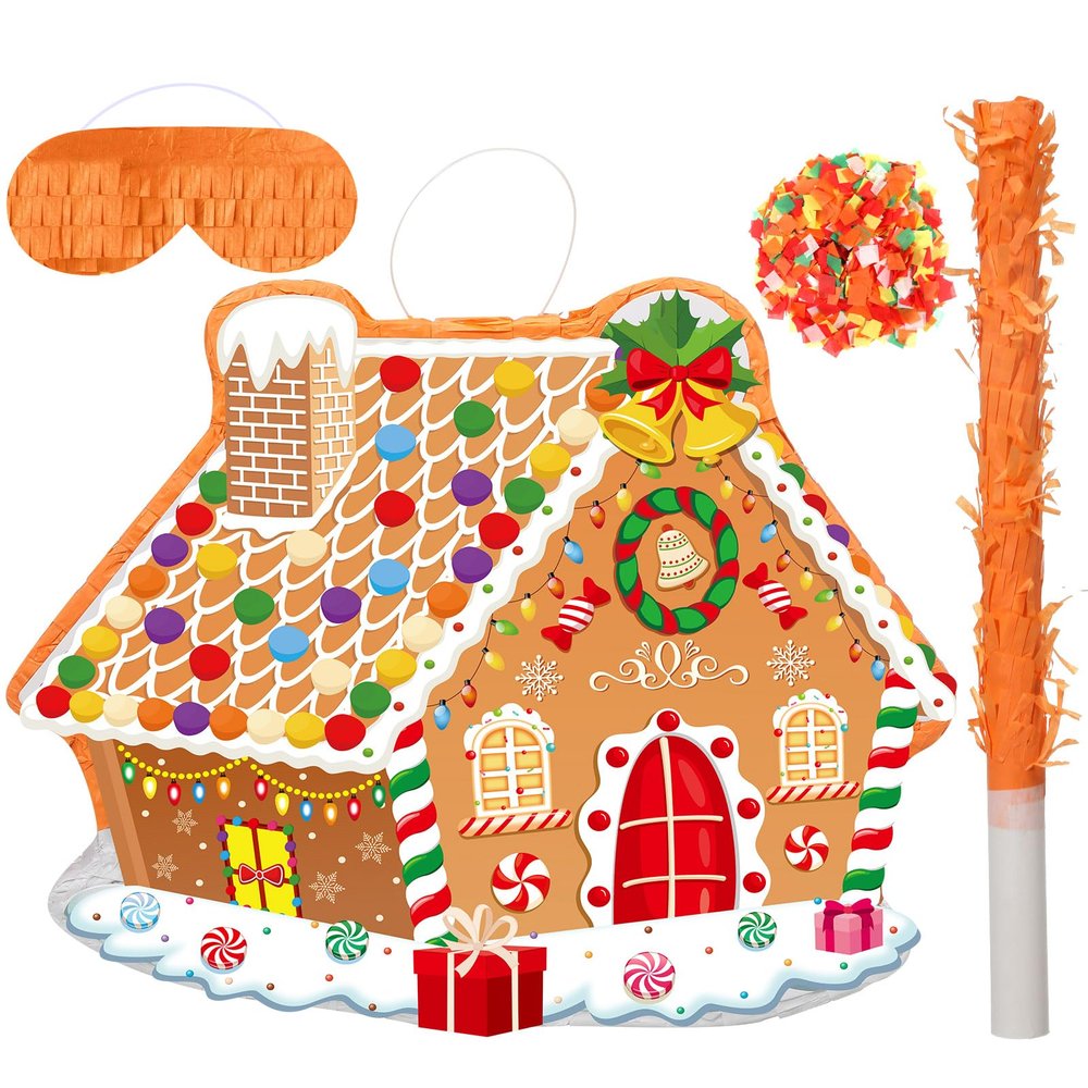 Christmas Gingerbread House Theme Piata 16 Inch Mexican Piata with Stick Blindfold Christmas Piatas Bundle for Xmas Birthday Holiday Game Favor Photo Prop