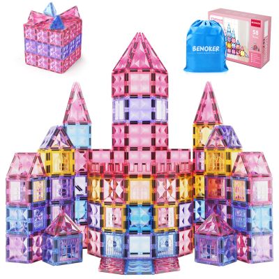BENOKER Pink Castle Magnetic Tiles for Kids Ages 3-8, 3D STEM Toys with Sparkling Building Blocks, Creative Educational Gift for Boys and Girls, Preschool Learning Toys for Birthday