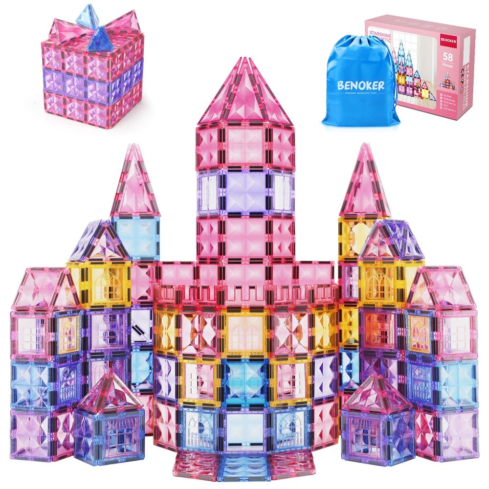 BENOKER Pink Castle Magnetic Tiles for Kids Ages 3-8, 3D STEM Toys with Sparkling Building Blocks, Creative Educational Gift for Boys and Girls, Preschool Learning Toys for Birthday