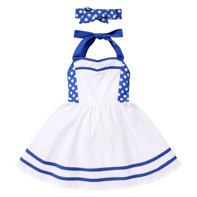 50s Dresses for Girls Vintage Blue Polka Dot Halter Dress Toddler Baby Girls Sleeveless Blue White Backless Swing Dresses with Headband 2pcs Outfits Blue Polka 12-18 Months