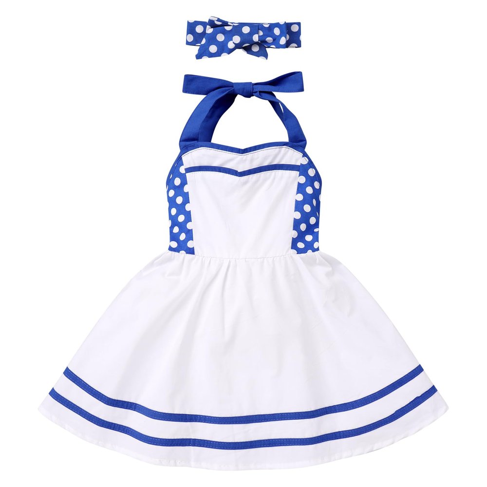 50s Dresses for Girls Vintage Blue Polka Dot Halter Dress Toddler Baby Girls Sleeveless Blue White Backless Swing Dresses with Headband 2pcs Outfits Blue Polka 12-18 Months