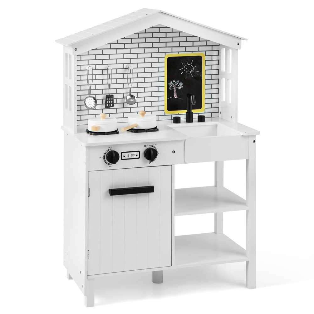 HONEY JOY Kids Kitchen Playset, Farmhouse Pretend Play Toddler Kitchen Set for Kids w/Chalkboard, Marble Backdrop, Window, Storage Shelf, Wooden Play Kitchen for Toddlers, Gift for Boys Girls, White