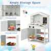 HONEY JOY Kids Kitchen Playset, Farmhouse Pretend Play Toddler Kitchen Set for Kids w/Chalkboard, Marble Backdrop, Window, Storage Shelf, Wooden Play Kitchen for Toddlers, Gift for Boys Girls, White view 3