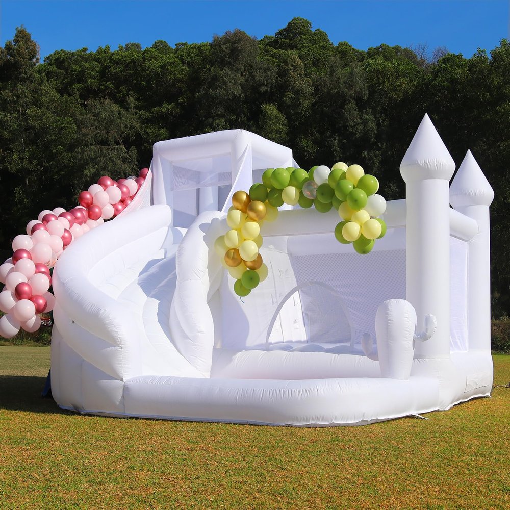 White Bounce House for Adult Kids, 16FT Large Commercial PVC Bounce House Castle w/Widened Curved Slide & Big Ball Pit, 1100w Blower, 16x14x10.5ft