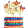 1 Pack Happy Birthday Fiesta Cake Topper Guitar Cactus Donkey Rackets Pepper Cake Pick for Mexican Fiesta Theme Baby Shower Birthday Party Cake Decorations Supplies Gold view 1