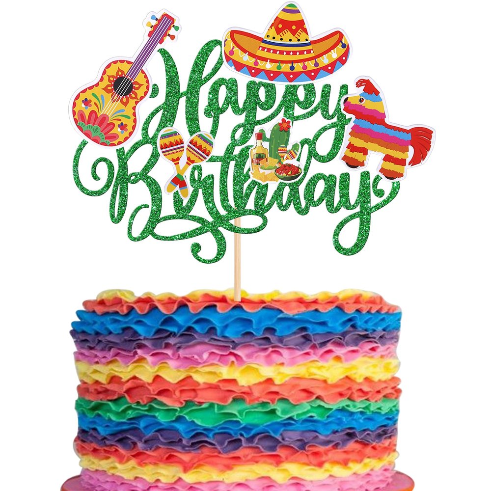1 Pack Fiesta Happy Birthday Cake Topper Cactus Donkey Guitar Rackets Pepper Cake Pick for Mexican Fiesta Theme Baby Shower Birthday Party Cake Decorations Supplies Green