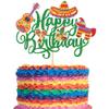 1 Pack Fiesta Happy Birthday Cake Topper Cactus Donkey Guitar Rackets Pepper Cake Pick for Mexican Fiesta Theme Baby Shower Birthday Party Cake Decorations Supplies Green view 1