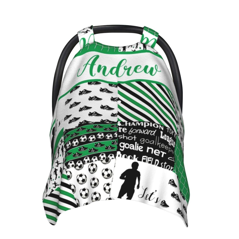 Personalized Baby Car Seat Canopy for Babies, Custom Name Baby Car Seat Covers for Boys, Sports Theme Green Opening Minky Nursing Breastfeeding Cover for Infant, Carseat Canopies for Newborn