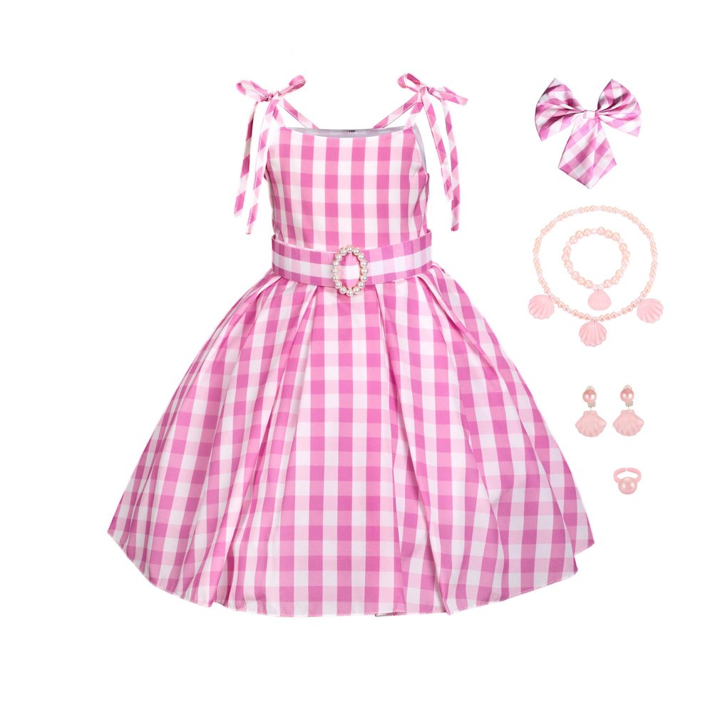 ATIMIGO Girls Pink Plaid Suspenders Dress Movie Cosplay Costumes Halloween Party Outfit for Girls Dress Up with Accessories 7-8 Years