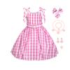 ATIMIGO Girls Pink Plaid Suspenders Dress Movie Cosplay Costumes Halloween Party Outfit for Girls Dress Up with Accessories 7-8 Years view 1