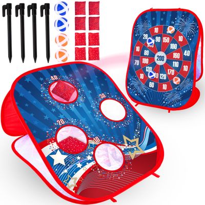 ArtCreativity 2 in 1 Bean Bag Toss Game for Kids and Sticky Ball Darts Game - Outdoor Kids Games Ages 3-4 - Kids Cornhole Game Set with American Patriotic Theme