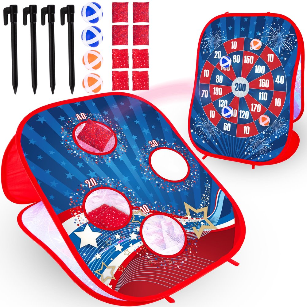 ArtCreativity 2 in 1 Bean Bag Toss Game for Kids and Sticky Ball Darts Game - Outdoor Kids Games Ages 3-4 - Kids Cornhole Game Set with American Patriotic Theme